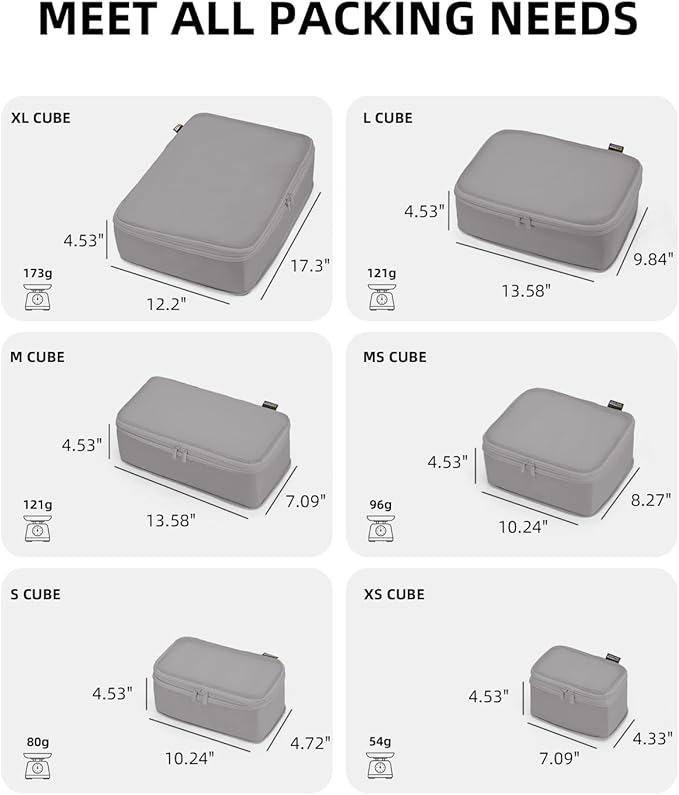 6 Set Compression Packing Cubes for Travel, Large Medium Small Luggage Organizers, Storage Bags for Clothes (6 Pack, Silver Gray)