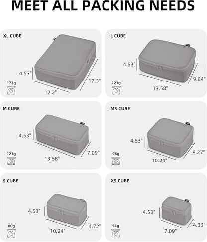 6 Set Compression Packing Cubes for Travel, Large Medium Small Luggage Organizers, Storage Bags for Clothes (6 Pack, Silver Gray)