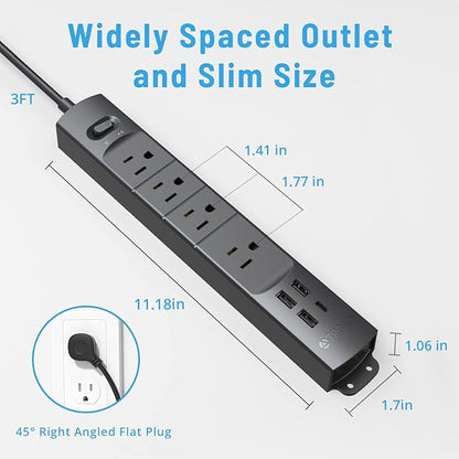 TROND Surge Protector Power Strip with USB, Ultra Thin Flat Plug 3ft Extension Cord 1625W, 3 USB A & 1 USB C, 4 AC Outlets 1440J Surge Protection, ETL Listed, Wall Mount for Home Office Dorm, Black