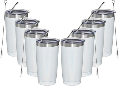 MEWAY 20oz Tumbler 8 Pack Double Wall Vacuum Insulated Travel Glitter Mug Bulk, Stainless Steel Tumblers with Lid and Straw, Powder Coated Coffee Cups for Woman(Rainbow White,Set of 8)