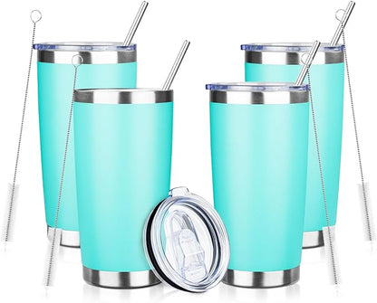 20oz Tumbler with Straw and Brush, Stainless Steel Vacuum Insulated tumbler, Double Wall Insulated Coffee Tumbler for Outdoor, Home, Travel,Office (Light green，4pcs)