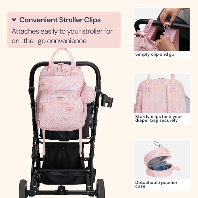 BabbleRoo Diaper Bag Backpack - Baby Essentials Travel Tote - Multi Function Water Resistant Diaper Bag, Travel Essentials Baby Bag with Changing Pad, Stroller Straps & Pacifier Case - Pink Birdy