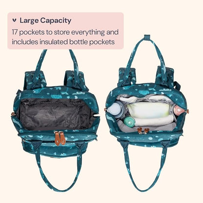 BabbleRoo Diaper Bag Backpack - Baby Essentials Travel Tote - Multi Function Water Resistant Diaper Bag, Travel Essentials Baby Bag with Changing Pad, Stroller Straps & Pacifier Case - Unisex, Dino