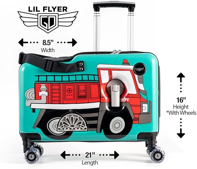 Younglingz LIL FLYER GO Version 2 Ride On Suitcase for Kids | Carry On Luggage with Toddler Seat, Foldable Handlebars, Pedals, and Removable Wheels | Holds up to 80 lbs | FIRETRUCK | Ages 2-6