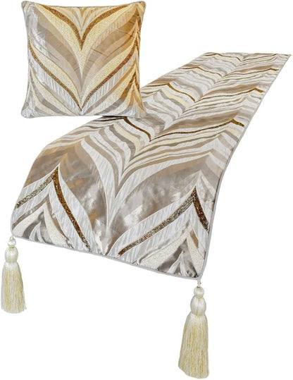 The HomeCentric King/Queen/Twin Ivory Luxury Full 68"x18" Bed Runner with One Pillow Cover, Bead Hand Embroidery Bed Scarf on Jacquard Fabric - Clarissa Serene
