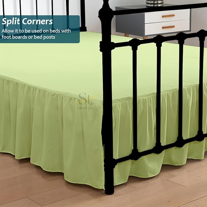 Shreem Linen Ruffled Bed Skirt with Split Corners, Gathered Style, 100% Microfiber, 28-Inch Drop, Dust Ruffle Bedskirt with Platform, Olympic Queen, Sage