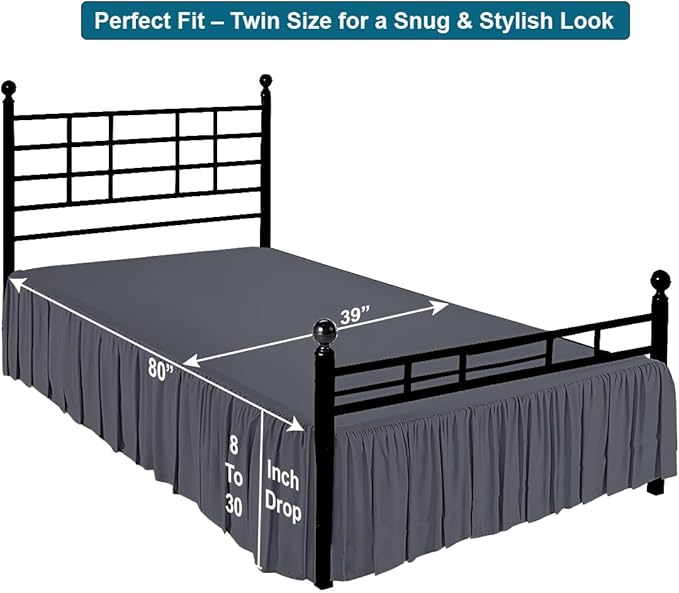 Shreem Linen Ruffled Bed Skirt with Split Corners, Gathered Style, 100% Microfiber, 10-Inch Drop, Dust Ruffle Bedskirt with Platform, Twin, Dark Grey