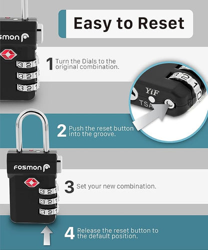 Fosmon TSA Accepted Luggage Locks, (4 Pack) Open Alert Indicator 3 Digit Combination Padlock Codes with Alloy Body and Release Button for Travel Bag, Suit Case & Luggage - Black