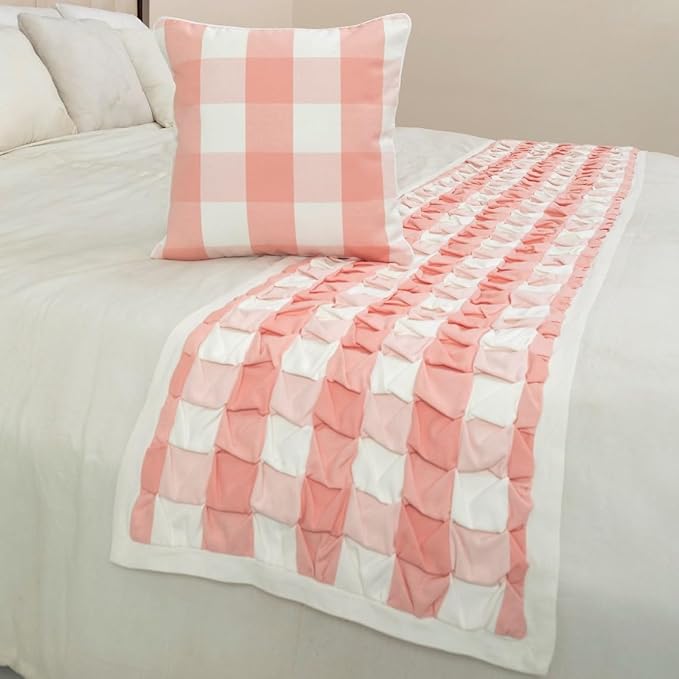 The HomeCentric King/Queen/Twin Peach Pink Decorative Full 68"x18" Bed Runner Without Pillow Cover, Textured & Buffalo Checks Bed Scarf on Cotton Fabric - Buffalo Plaid Peach