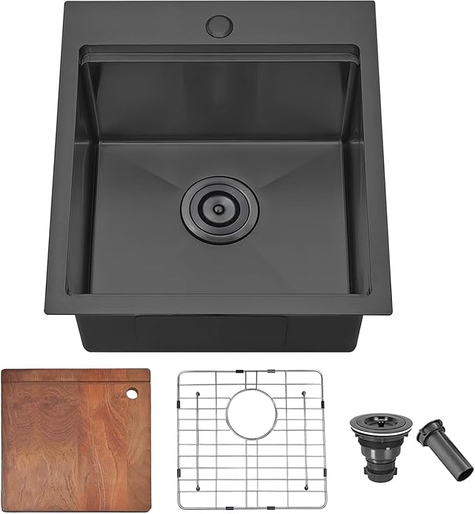 COMLLEN 17x19 Inch Black Drop in Bar Sink, 304 Stainless Steel Utility Kitchen Workstation,Gunmetal 9 Inch Deep Wet Bar Sink, RV Laundry Prep Kitchen Sinks with Dish Grid & Drain & Cutting Board