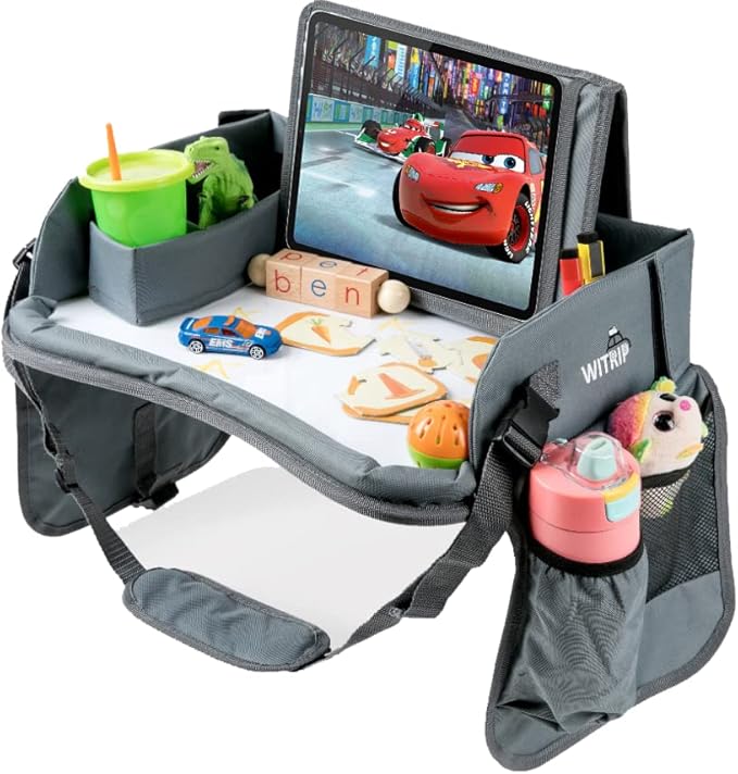 Kids Travel Tray with Dry Erase Board - Car Seat Tray for Kids Travel, Carseat Table Top for Toddler, Lap Desk for Car Seat, Activity Organizer & Snack Holder, Road Trip Essentials for Kid (Gray)