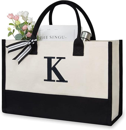 TOPDesign Embroidery Initial Canvas Tote Bag, Personalized Present Suitable for Wedding, Birthday, Beach, Holiday, is a Great Gift Women, Mom, Teachers, Friends, Bridesmaids (Letter K)