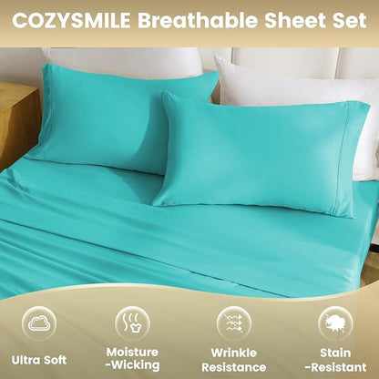 Silky Soft Queen Size Sheet Set - Luxury 4 Piece Breathable Cooling Sheets for Queen Size Bed, 16" Deep Pocket Easy Care Wrinkle Free Bedding Sheet and Pillowcase Set, Turquoise