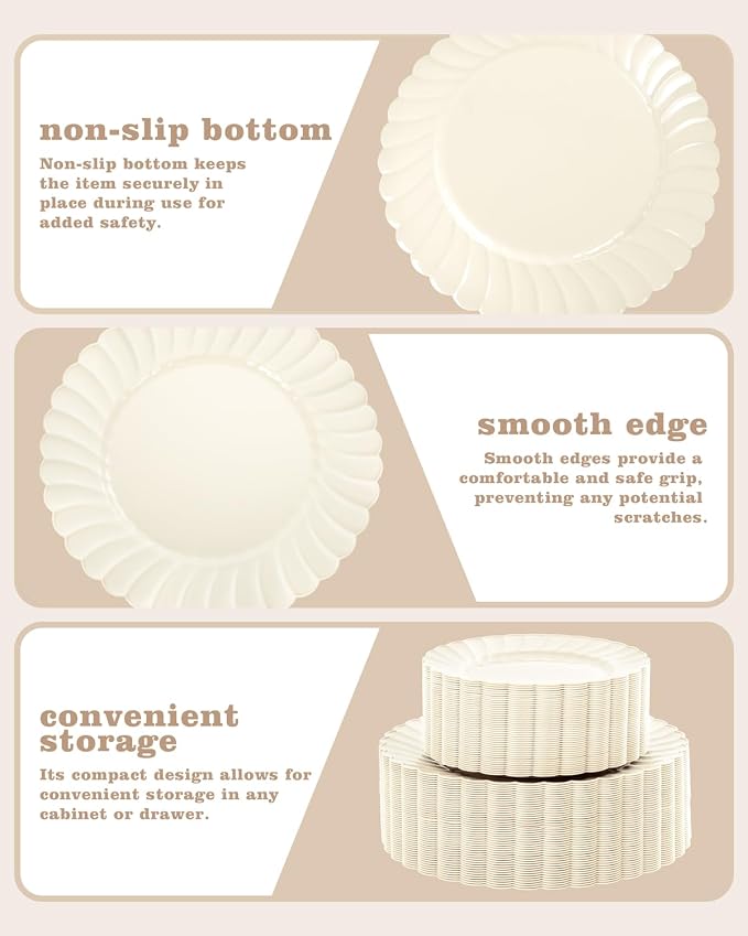 YOUBET 100PCS Ivory Scalloped Plastic Plates