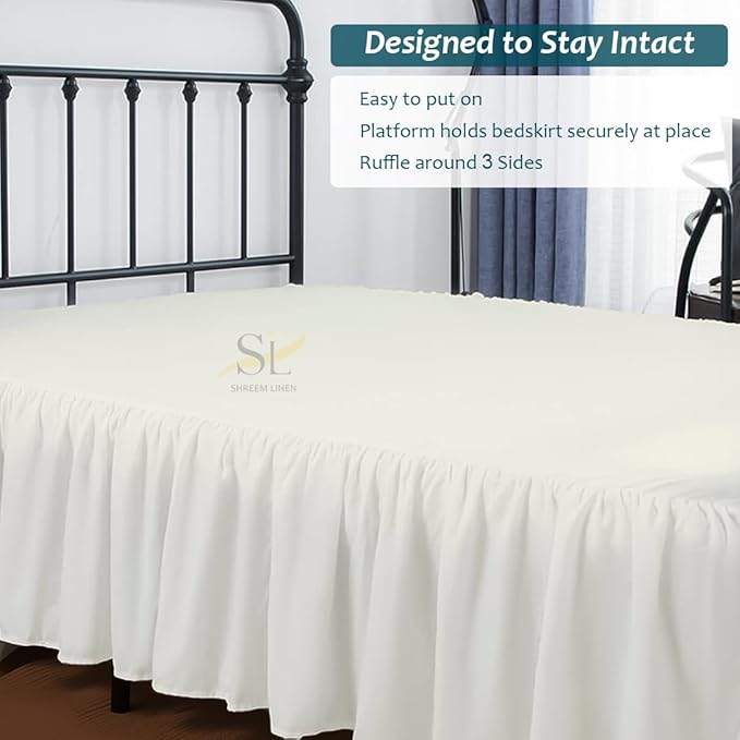 Shreem Linen Ruffled Bed Skirt with Split Corners, Gathered Style, 100% Microfiber, 28-Inch Drop, Dust Ruffle Bedskirt with Platform, Full-XL, Ivory