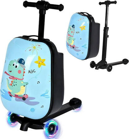 4-in-1 Detachable Scooter Luggage for Kids & Teens – Hardside Ride-On Suitcase with Led Light Up Wheels, Dinosaur Design, Lightweight Foldable, Perfect Travel Gift for Boys(Light Blue 22-inch)