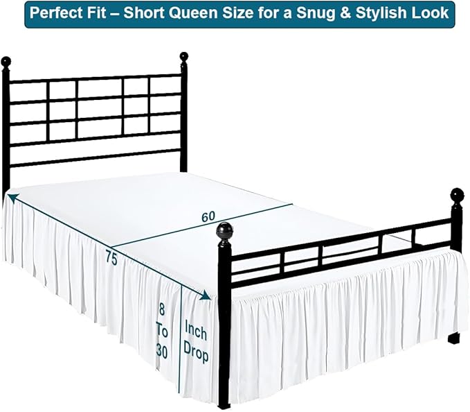 Shreem Linen Ruffled Bed Skirt with Split Corners, Gathered Style, 100% Microfiber, 8-Inch Drop, Dust Ruffle Bedskirt with Platform, Short Queen, White