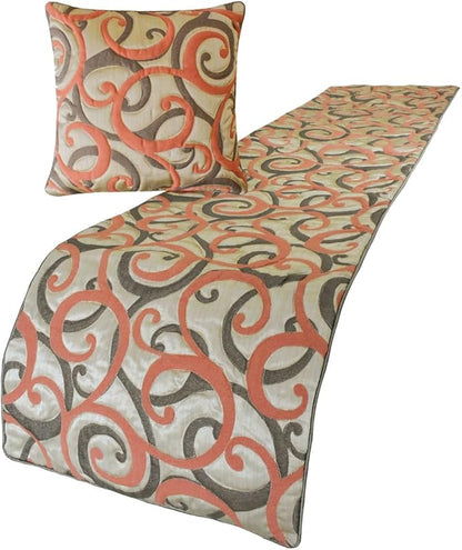 The HomeCentric King/Queen/Twin Orange Designer Twin 53"x18" Bed Runner with One Pillow Cover, Scroll, Jacquard & Quilted Bed Scarf on Jacquard Fabric - Scroll Cascade