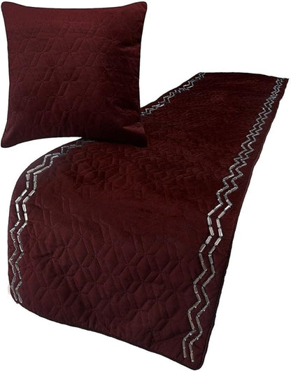 The HomeCentric King Queen Twin Deep Wine Designer Twin 53"x18" Bed Runner Without Pillow Cover, Quilted & Crystals Bed Scarf on Velvet Fabric - Diamond Symphony