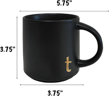 COLLECTIVE HOME Black Ceramic Coffee Mug, 15 oz Golden Monogram Tea Cup |