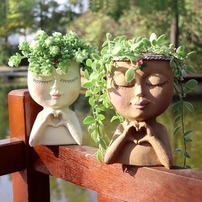 Face Planter Pot with Heart Hands, Resin Head Planter