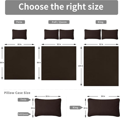 Easy-Going Full/Queen Size Reversible Quilt Set with 1 Quilt and 2 Pillow Shams, Soft Bed Quilt Cover, Water Resistant Lightweight Bedspread, Stain Resistant, Olive Leaf-Chocolate/Beige