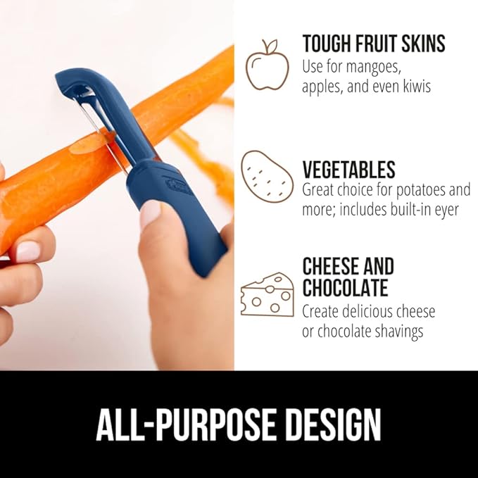 GORILLA GRIP Patented BPA-Free Sharp Stainless Steel Dual Swivel Vegetable Peeler, Soft Comfortable Handle, Smoothly Peel Apples, Potatoes, Carrots, Includes Blade Cover, Kitchen Tool Peelers, Blue