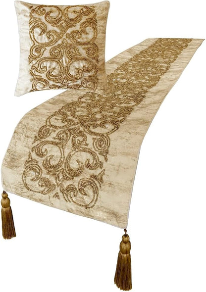 The HomeCentric King/Queen/Twin Gold Designer CA King 86"x18" Bed Runner Without Pillow Cover, Foil & Hand Beaded Embroidery Bed Scarf on Jacquard Fabric - Ornamento Oro