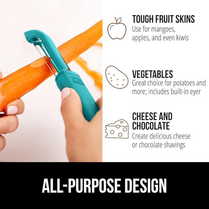GORILLA GRIP Patented BPA-Free Sharp Stainless Steel Dual Swivel Vegetable Peeler, Soft Comfortable Handle, Smoothly Peel Apples Potatoes Carrots, Includes Blade Cover, Kitchen Tool Peelers, Turquoise