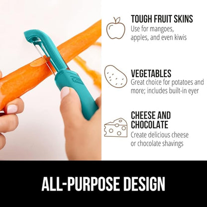 GORILLA GRIP Patented BPA-Free Sharp Stainless Steel Dual Swivel Vegetable Peeler, Soft Comfortable Handle, Smoothly Peel Apples Potatoes Carrots, Includes Blade Cover, Kitchen Tool Peelers, Turquoise