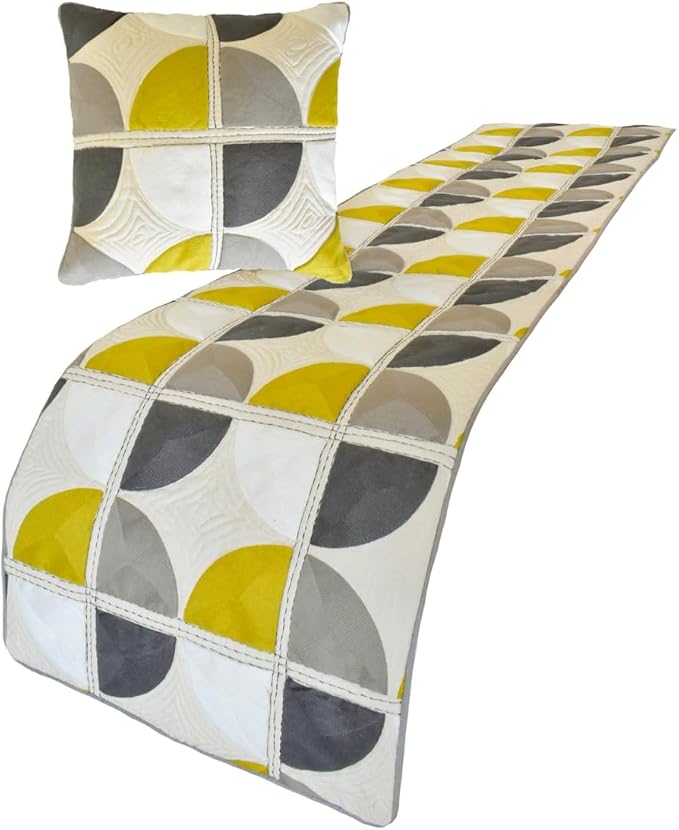 The HomeCentric King/Queen/Twin Yellow & Grey Designer Full 68"x18" Bed Runner Without Pillow Cover, Emboroidered, Quilted & Geometric Bed Scarf on Cotton Fabric - Geo Fusion