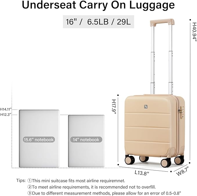Hanke 16 Inch Underseat Carry On Luggage with Wheels Hard Shell Mini Small Suitcases Carry On Bag for Airline Approved TSA Luggage Lightweight Travel Suitcase(Cuba Sand)
