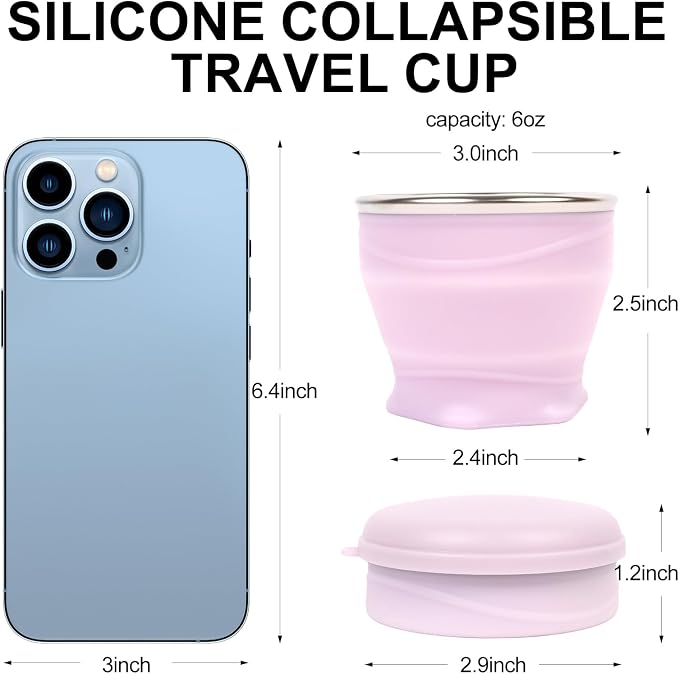 Collapsible Travel Cup with Lid - 6oz Mini Silicone Folding Cup with Stainless