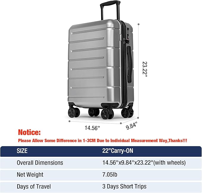 KYME Carry On Luggage 22x14x9 Airline Approved with Cup Holder Hardside Carry On Suitcase with Spinner Wheels Hardshell Travel Rolling 22 Inch Luggage with TSA Lock for Women Men Silver