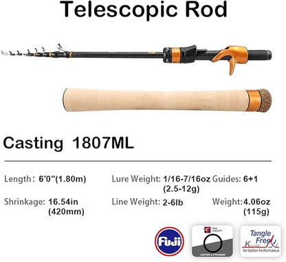 PURELURE Travel Telescopic Fishing Rods, Short Collapsible Fishing Pole Spinning Casting, 24+30 Ton Carbon Fiber, GUJI New O-Ring, Detachable Cork Handle, Multi-Action Guide Ring System