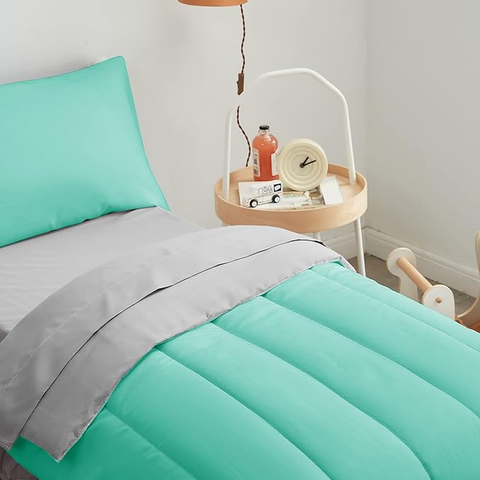 UOZZI BEDDING 4 Pieces Toddler Bedding Set Ultra Soft and Breathable Toddler Sheet Set - Includes Comforter, Flat Sheet, Fitted Sheet and Pillowcase - Teal/Green & Gray
