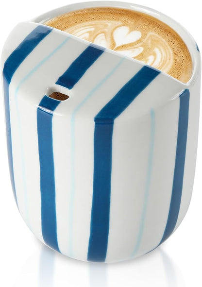 Ceramic Mug with Sip Hole 10 oz Deep and Light Blue Red Striped Ceramic Coffee