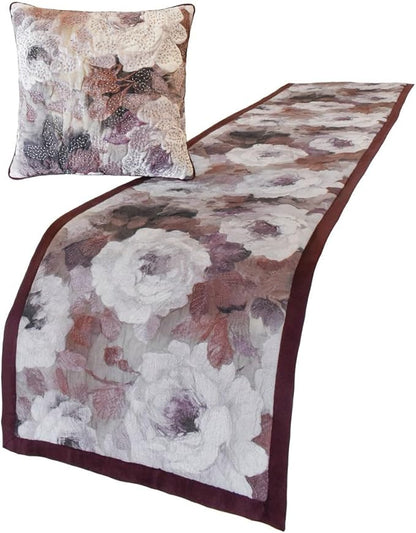 The HomeCentric King/Queen/Twin Purple Decorative Twin 53"x18" Bed Runner Without Pillow Cover, Floral, Roses, Bead Embroidery & Handmade Bed Scarf on Jacquard Fabric - Wood Rose