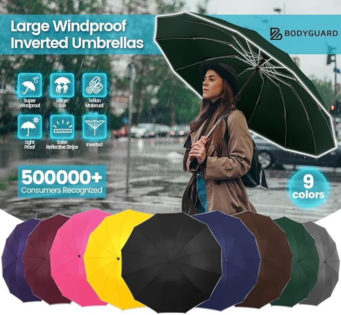 Bodyguard Inverted Umbrella - Large Windproof for Rain & Sun, Compact Reverse With Reflective Stripe, Teflon-Coated for Women Men, Travel Folding With Cover Bag