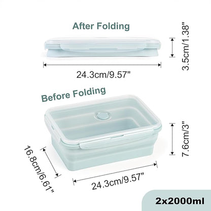 Extra Large Collapsible Silicone Food Storage Containers With Lids, 2 Pack 2000ml, XXL Foldable Bento Lunch Box, Big Meal Boxes for Kitchen, Camping, Dishwasher, Microwave, Freezer Safe