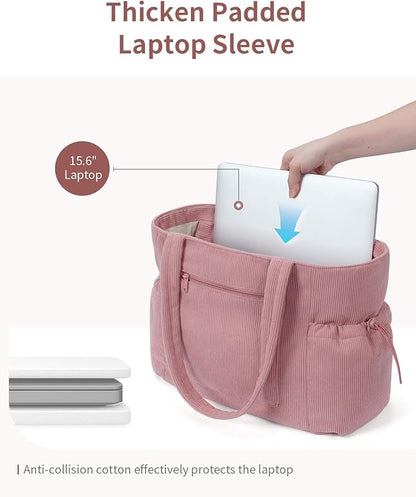 ECOHUB Tote Bag for Women, Work Tote Bags with Laptop Compartment, Large Corduroy Tote Bag with Stanley Cup Holder