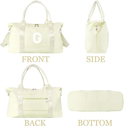 Initial Travel Duffel Bag Sports Gym Bag for Kids Teen Birthday Gifts,Beige Personalized Weekender Bag Carry On Dance Bags for Women Men,Waterproof Monogram Overnight Bag with Trolley Sleeve(Letter G)