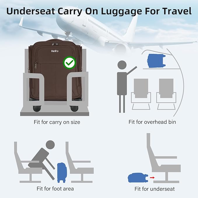 16 Inch Underseat Carry On Luggage with Wheels Softside Small Suitcases Personal Item Bag with Pocket Travel Luggage for Men Women Business Overnight Bag(Coffee)