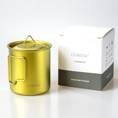 Titanium Camping Pot Mug 15oz (420ml) with Lid and Foldable Handle – Ultralight Camping Cup for Hiking, Backpacking, Outdoor Cooking, Yellow