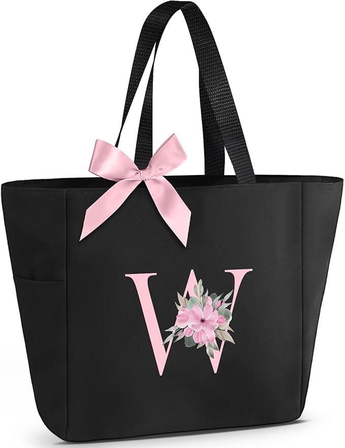 Vavabox Tote Bag, A-Z Initial Monogrammed Waterproof Tote Bag, Bridesmaid Gifts for Women, Black and Pink