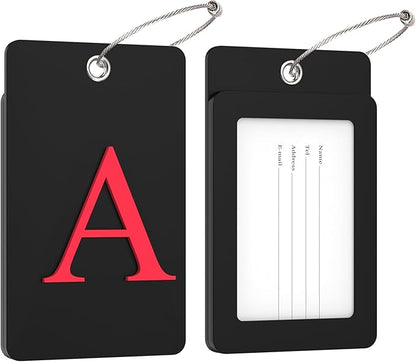 Gostwo 2 Pack Luggage Tags for Suitcases, 26 Initial Letter Travel Luggage Baggage Identification Labels ID Tag Fully Bendable Tags with Stainless Steel Loop (Black) (Letter A)