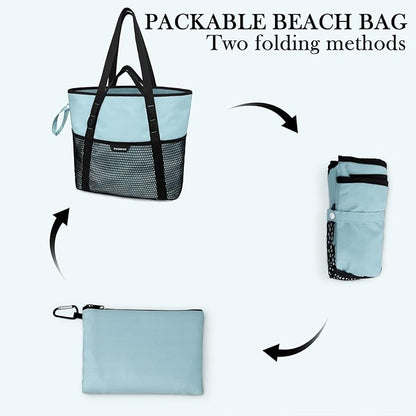 Beach Bag with Zipper - 8 Pockets Sandproof Beach Tote Bag for Women,Foldable Lightweight Family Swim Bag Vacation