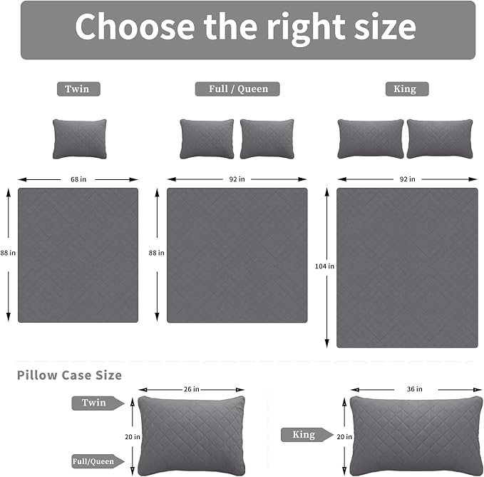 Easy-Going Queen Plus Size Reversible Quilt Set with 1 Quilt and 2 Pillow Shams, Soft Bed Quilt Cover, Water Resistant Lightweight Microfiber Bedspread, Stain Resistant, Gray/Light Gray