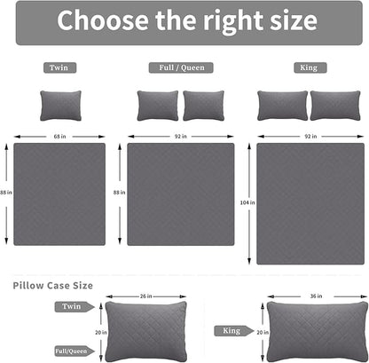 Easy-Going Queen Plus Size Reversible Quilt Set with 1 Quilt and 2 Pillow Shams, Soft Bed Quilt Cover, Water Resistant Lightweight Microfiber Bedspread, Stain Resistant, Gray/Light Gray