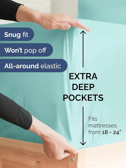Extra Deep Twin XL Fitted Sheet - Hotel Luxury Single Fitted Sheet Only - Easily Fits 18 inch to 24 inch Mattress - Ultra Soft, Wrinkle & Fade Free w/Extra Deep Pocket - Breathable & Comfy - Spa Blue